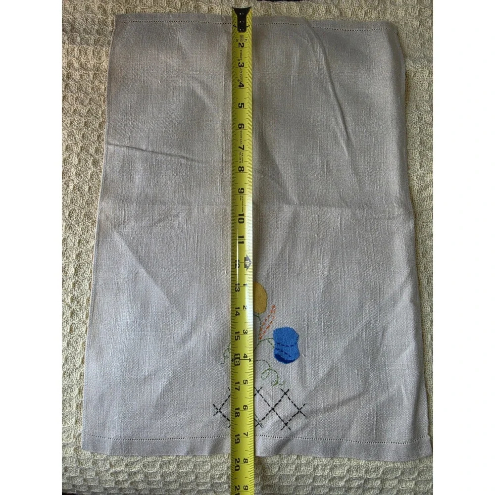 Vintage Hand Embroidered Linen Tea Towel Floral Oatmeal Hemstitched 13x20